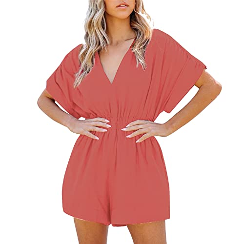 Jumpsuits Damen Sommer Lang Damen Sommer Solide V-Ausschnitt Kurzarm Shorts...