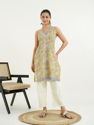Image of GOODHAND Women Printed Cotton Kurti | Casual Long Kurta | Comfortable Ethnic Wear with Relaxed Fit