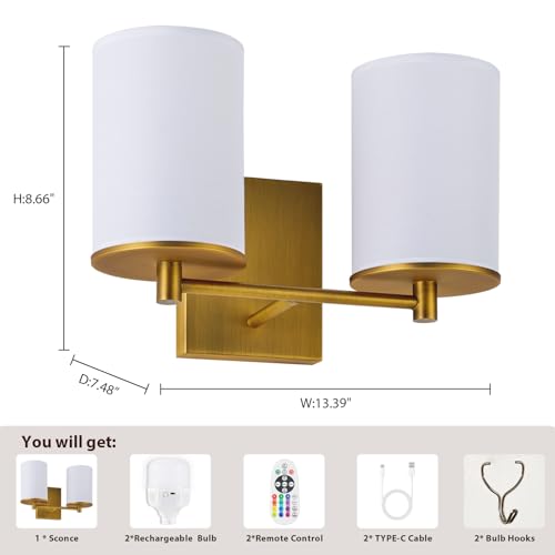 Image of Battery Operated Double Wall Sconce,Rechargeable Battery Powered Vanity Lights,Cordless No Wiring Dimmable Double Sconce with Remote Control for Bedroom Living Room