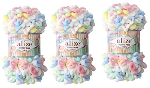 Alize Puffy Fine Color Baby Blanket Yarn Lot of 3skn 300gr 48yds 100% Micropolyester Soft Yarn Hand Knitting Yarn Super Chunky Bulky Woven Worested Yarn (5949)