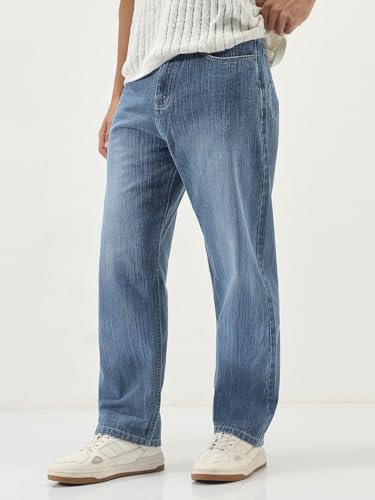 Image of Urbano Fashion Men's Loose Baggy Fit Washed Denim Jeans Non-Stretchable