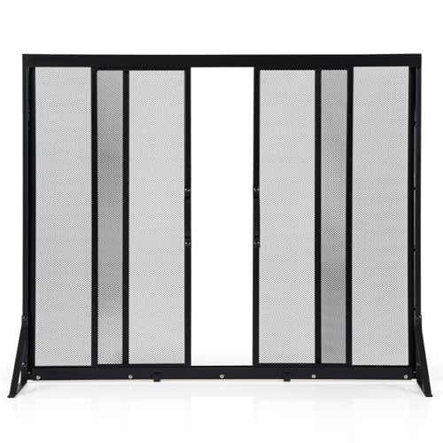COSTWAY Griglia Parascintille Camino con 2 Pannelli Scorrevoli, Maniglie Convenienti e Telai di Supporto a Triangolo, Ventilazione Eccellente, Schermo per Camino in Rete Metallica (96 x 79 cm)