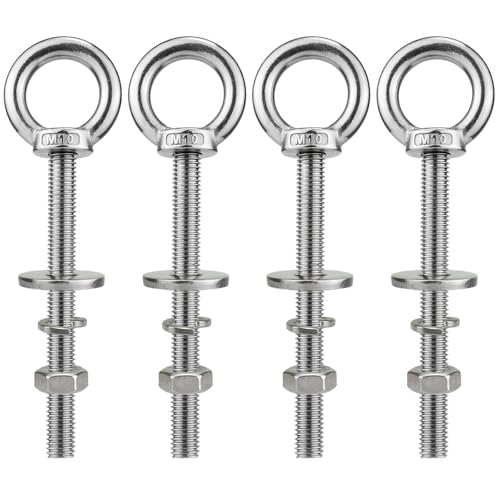 Image of M10 Stainless Steel Eye Bolts with Nuts 4 Pack, M10 x 100mm (3 /8 inch x 4 inch) Long Shoulder Lifting Eye Bolt for Swing Board, Heavy Duty Threaded Ring Screw Eyebolts Kits for Tie Down Straps Outdoor