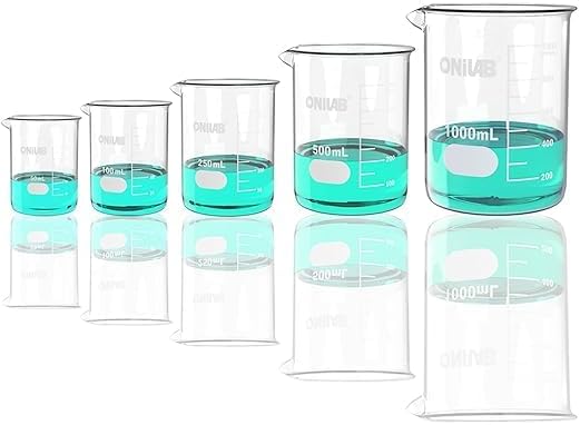 ONiLAB Glass Measuring Beaker Set 50ml 100ml 250ml 500ml 1000ml(Pack of 5) 3.3 Boro Griffin Low Form with Printed Graduation Scientific Glassware for Laboratories, Classrooms or Home Use