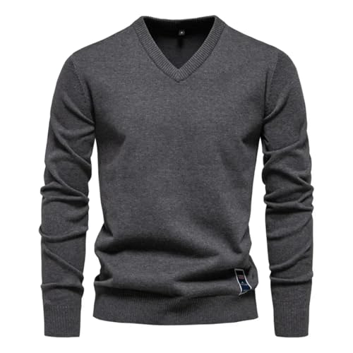 Men's Solid Cotton Pullover Knit Sweater for Solid V-Neck Long Sleeve Slim Knitwear3