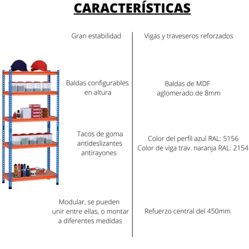 Estantería Modular metálica Reforzada, para Uso Particular y Profesional, 5 Baldas Capacidad de Carga máxima 1000kg. 177cm x 99cm x 45cm. Ideal para garajes, talleres y almacenes.