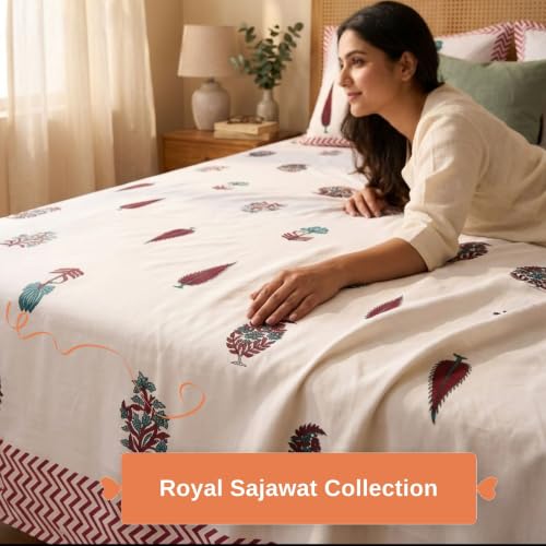 Image of Naksh Bedsheet for Double Bed King Size Floral Print 2 Pillow Covers | Royal Crimson Botanical Bedsheet | Soft Breathable Heritage Floral Bedding Set | Royal Sajawat Collection |