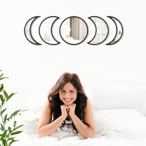 Rellon Industries Wall Mirror for Living Room 5 Pieces Decorative Mirror Wooden Moon Phase Wall Mirror Stickers Wall Decoration for Home Living Room Bedroom (Black) - Image 2