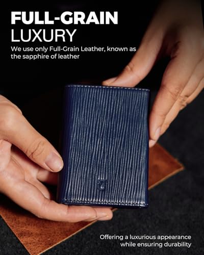Jenoss Smart Wallet For Men: Full Grain Leather, Handcrafted, Slide Metal Pop Up Case, Slim RFID Blocking Credit Card Holder, Minimalist, Compact - 9-12 Card Organizers | ID | Money Clip (EPI Navy)2