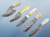 5 pieces Damascus steel skinning knives set. Overall 44 inches long Full tang Damascus steel blade knives. Natural camel bone scale with Damascus Bolster, each knife comes with Cow hide leather sheath
