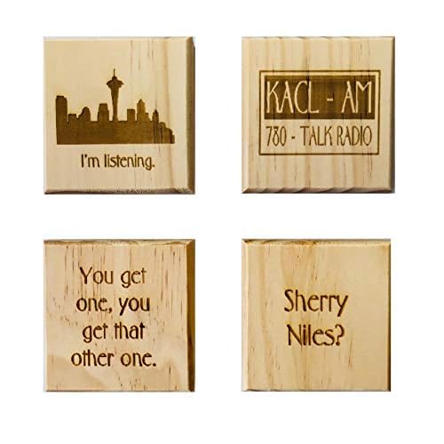 Frasier coasters (By Brindle Designs): Wood coaster set of 4 - KACL, Sherry Niles?, I'm Listening, and You Get One