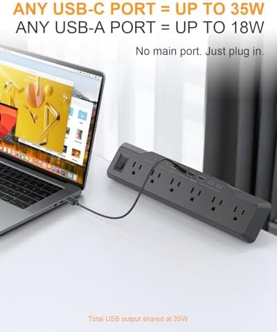 Desk Clamp Power Strip Surge Protector, 6 Outlets, Flat Plug, 1800J, 4 USB-C Ports (Any Port 35W), for Home & Office, Flame-Retardant PC-ABS Housing, Fits 1.96" Desk Edge, Black