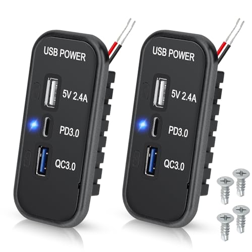 Linkstyle 3 Ports 12V USB Outlet, PD3.0 Type C Port, QC 3.0 USB A 2.4A USB A Fast Charger Socket Power Adapter for Car Marine-2pcs