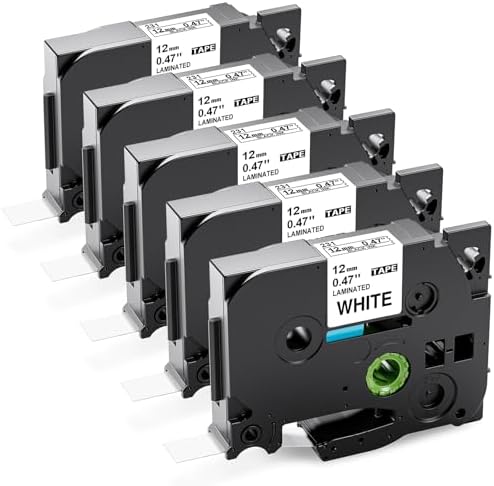 5PK Tze-231 PTH110 D210 Label Maker Tape 12mm Compatible with Brother P Touch Label Tape 12mm Tze231, Compatible for Brother P-Touch PT-D200 D220 D400AD H110 H200BP D600 1230, Tze Tz 12 mm 0.47 White