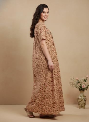 Image of Bahumaan Cotton Nighty for Women Full Length Stylish | Floral Print Cotton Maxi Dress for Women with Pocket | Sleepwear Gown for Women