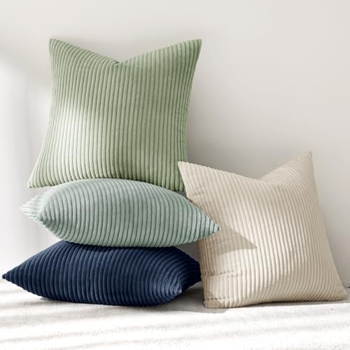 Image of MIULEE Boho Farmhouse Muted Teal Throw Pillow Covers 18x18 Inch Set of 4 Mordern Nordic Cushion Covers Soft Corduroy Spring Home Decor for Couch Bed Sofa Living Room