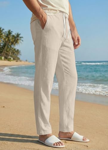 Image of Men's Linen Drawstring Pants, Casual Beach Trousers, Lightweight Breathable