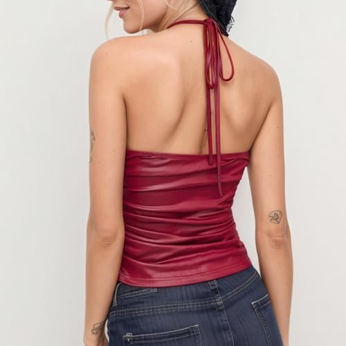 Women Sexy Pu Leather Tie Back Halter Top Summer Slim Fit Ruched Side Deep V Neck Sleeveless Backless Cami Shirt2