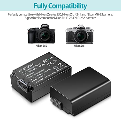 ENEGON 2 Lot batteries rechargeables EN-EL25 EN-EL25A 1600 mAh, kit chargeur double LED intelligent pour Nikon Z Series, Z50, Z 50, Z FC, Nikon EN-EL25, EN-EL25A, 4241 et Nikon MH-32 caméra digitale - Image 3