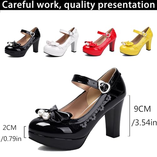 Women's Patent Leather Platform Chunky Heel Mary Jane Heels Comfort Closed Toe Elegant Pearl Bow Ankle Strap Kawaii Dress Pumps3