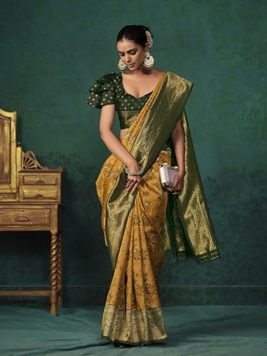 Image of EthnicJunction Women's Silk Blend floral Woven Saree With Blouse Piece | Wedding Saree