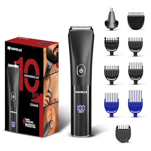 Image of Havells 10 in 1 Digital Grooming Kit |2-in-1 Special Blade|Nose & Ear Attachment|Ceramic Body Groomer |4 Beard, 2 Hair Combs & 1 Body Groomer Comb|Type C Turbo Charge|No Nicks & Cuts|2 Year Guarantee|GS6668