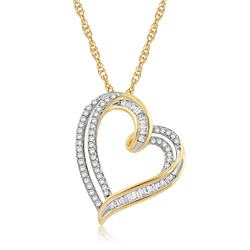 Jewelili 10K Yellow Gold 1/4 Cttw Natural White Round And Baguette Diamond Tilted Heart Pendant Necklace 18" Rope Chain #TOP14