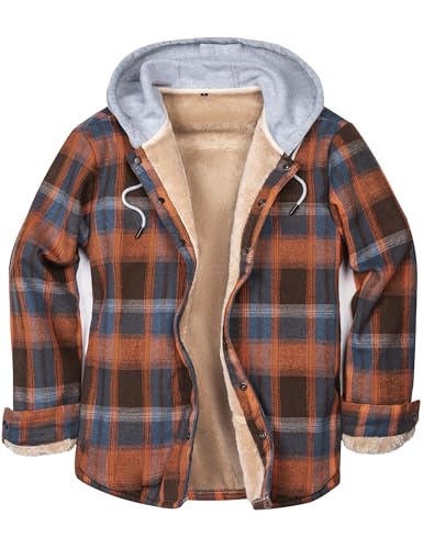 Men's Cotton Plaid Long Sleeve Shirts Jacket Fleece Lined Flannel Shirts Sherpa Button Down Coat with Hood