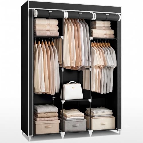 JUPPLIES Armario de Tela Portátil con Estanterías y Bolsillos Laterales 45x127x168 cm – Armario de Dormitorio Plegable y Ligero con Barras para Colgar Ropa – Montaje Fácil sin Herramientas (S)