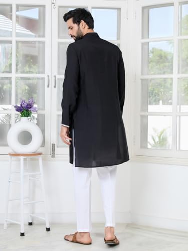 Image of See Designs Men's Full Sleeve Mandarin Collar Sequins Embroidered Chanderi Straight Long Kurta with Yoke Design - Festive Collection