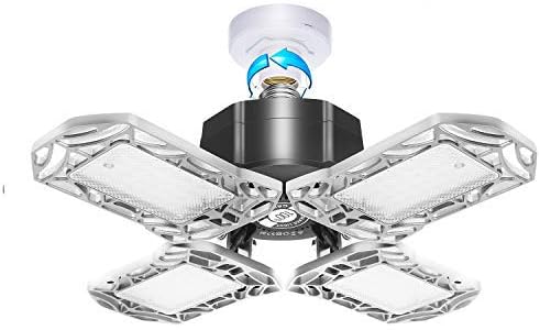 LED Garage Lights Deformable 120W, Upgrade 4 Panels Adjustable E26 LED Garage Ceiling Light with Holder, 50000 Hours Life, 6000-6500K, 360° Area LED Lighting for Shop, Barn, Warehouse & Commercial