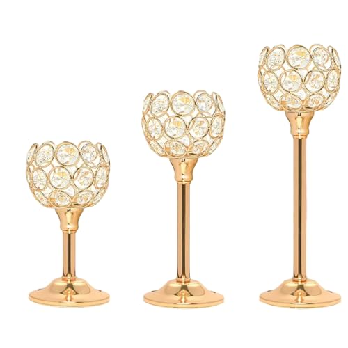 AIMALL 3PCS Crystal Candle Holder Set for Weddings and Home Décor, 3 Sizes Metal Tea Light Holders for Candlelight Dinners, Hotels, and Events,