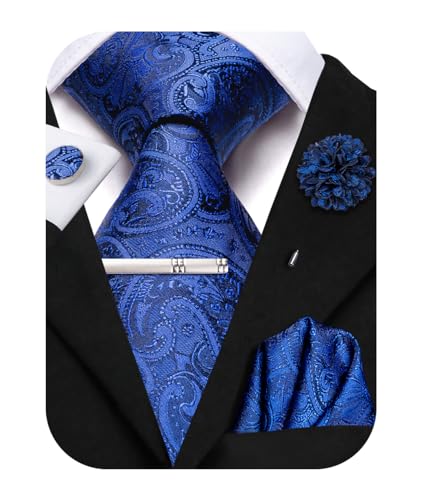 Image of Hi-Tie Mens Paisley Floral Striped Ties Set Silk Necktie and Lapel Pin for Men Pocket Square Cufflinks Set Business Wedding