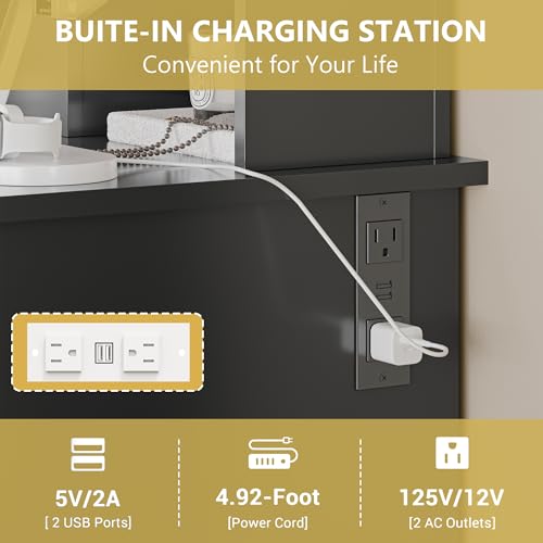 Xixini Vanity Desk with Mirror and Lights, 43'' Black Makeup Dressing Table Set with 5 Drawers & Chair, Power Outlet, 3 Lighting Modes Adjustable Brightness & RGB LED for Women Girls Bedroom Bathroom