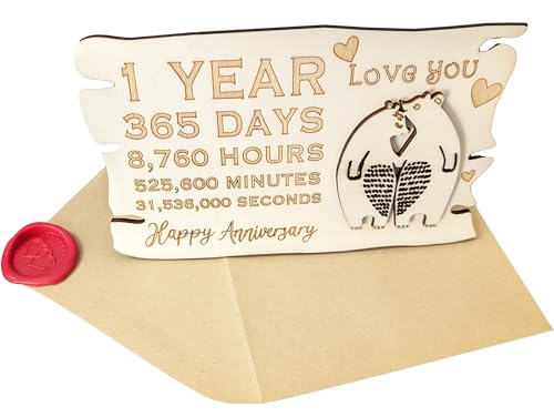 Woodland Mail Tarjeta de aniversario de un año de madera con osos polares en la parte delantera y tarjeta para escribir en la parte posterior (1 año)