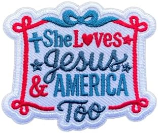 SEWOPEW She Love Jesus and America Too Patch Iron On Embroidery Patch for Backpacks Hats Jeans Bags, Size 3" Sewing Patches, 4th Of July Appliques for Clothes, Embroidery Patches, Faith Christian Gift