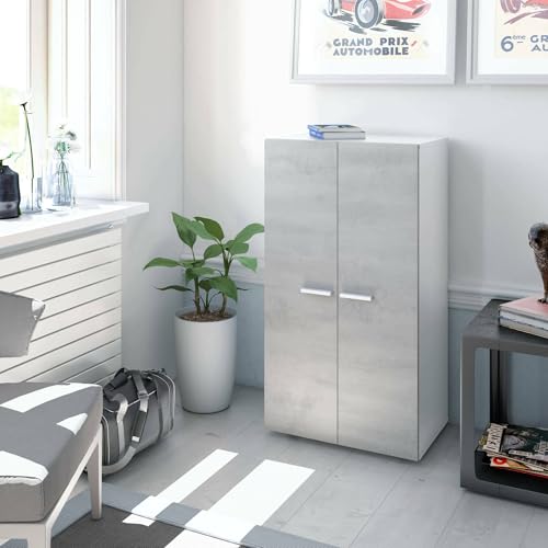 Dmora - Armadio multiuso 2 ante Norwalk, Armadio porta scarpe, Mobile basso con 6 ripiani, Scarpiera bassa moderna, 55x36h103 cm, Bianco e Cemento