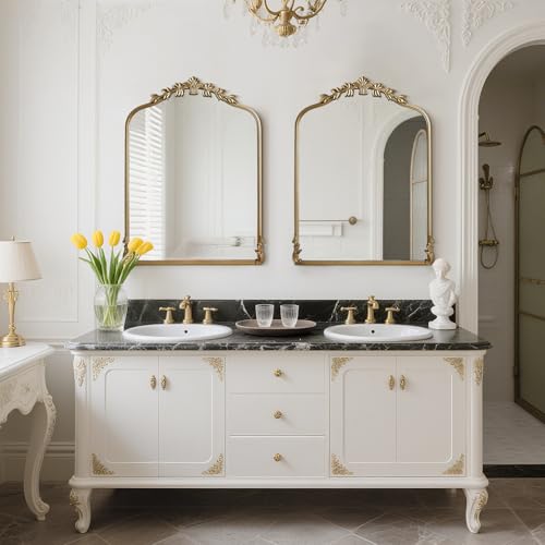 Image of WallBeyond Gold Antique Mirror for Vanity 24x32 Inch, Gold Vintage Mirror with Ornate Frame, Arched Vintage Wall for Bathroom, Living Room, Fireplace