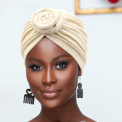 Image of DRESHOW 5 Pack Knotted Headwraps for Women African Turban Pre-Knotted Beanie Headwraps Hair Covers