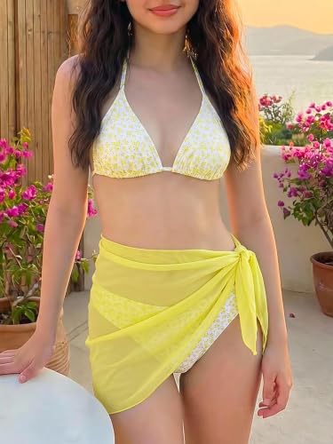 Image of SOLY HUX Girl's Summer Swimsuit Set Floral Halter Triangle Bikini Set with Wrap Skirts Beachwear