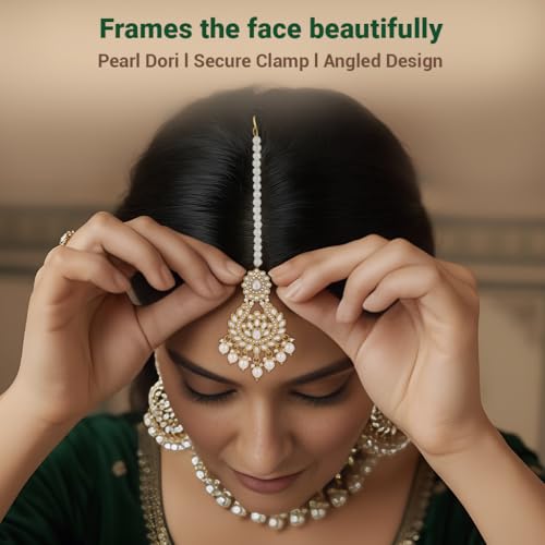 Image of I Jewels Gold Plated Traditional Kundan Pearl Drop Choker Necklace Jewellery With Earrings & Maang Tikka Set For Women /Girls