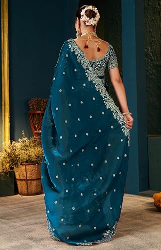 Image of DHARMEE Women's Silk Saree with Embroidered Blouse Piece, Traditional Parte Wear with Gold Border and Hand Work Lace Embellished, Solid /Plain, Applique, Woven, Bollywood Jimmy Jimmy, Satin Saree