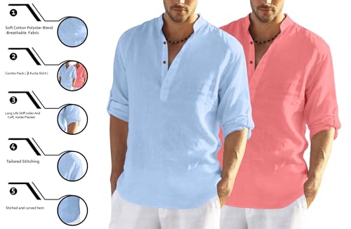 Image of Zombom Men's Combo Cotton Polyester Blend Solid Full Sleeve Straight Regular Fit Mandarin /Chinese Collor Kurta (Pack of 2)