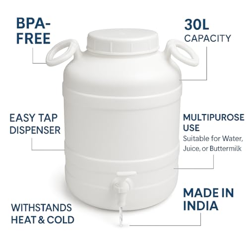 Image of Water Dispenser 26 Litre, Plastic Container with Tap, Lid and Handles for Home, Kitchen, Office (30L-White)