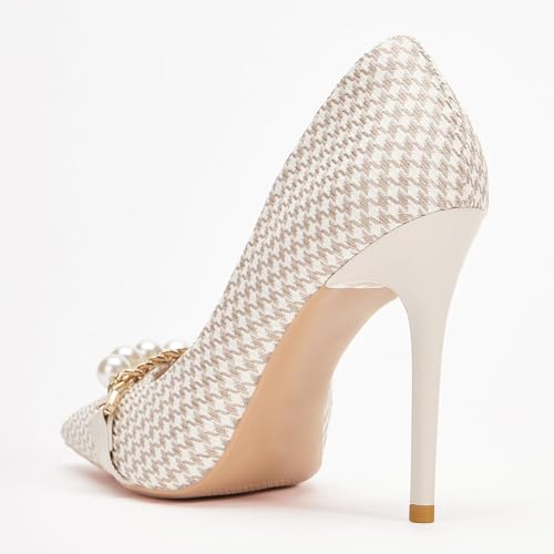 Womens Pumps Shoes High Heels Stiletto Pointed Closed Toe D'Orsay Elegant Houndstooth Pattern Design with Pearls Chain Dress Party Wedding Classic Work Heels for Ladies3