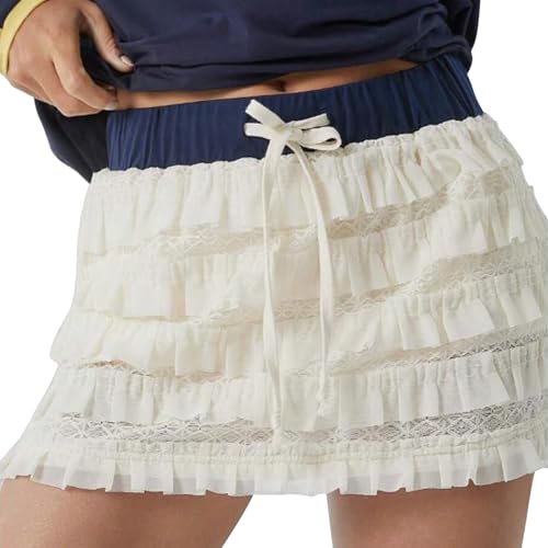 Women's Fashion Y2K Lace Mini Skirts Solid Color Lace Layered Ruffle Flowy Short Skirts Summer Casual Skirts