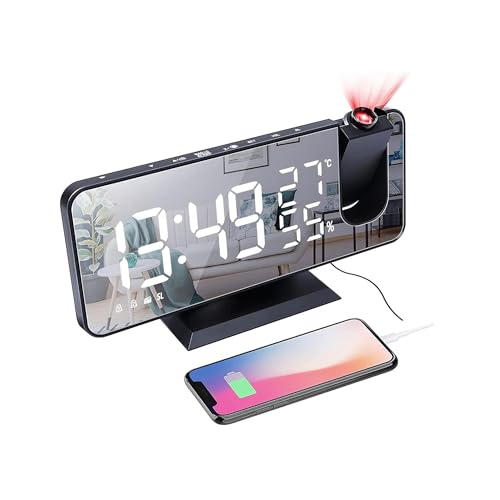 Sulfar Projection Alarm Clock for Bedroom, Digital Clock with USB Charger, 7.4" Large LED Mirror Display, Dual Alarms with FM Radio & Ceiling Projection
