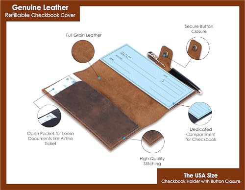 TheAntiq Brown Leather Checkbook Cover with Pen Holder for Women & Men - Full Grain Leather Check Book Cover for Personal Checkbook Duplicate Checks, Money Organizer Checkbook Wallet 7 x 3.75 Inches