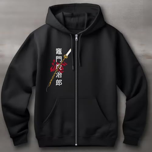 Image of Anime Zipper Hoodie for Men Stylish | Regular Fit Demon - Slayer Printed Hoodie | Cotton Fleece Long Sleeve Zip Up Hoodie Sweatshirts
