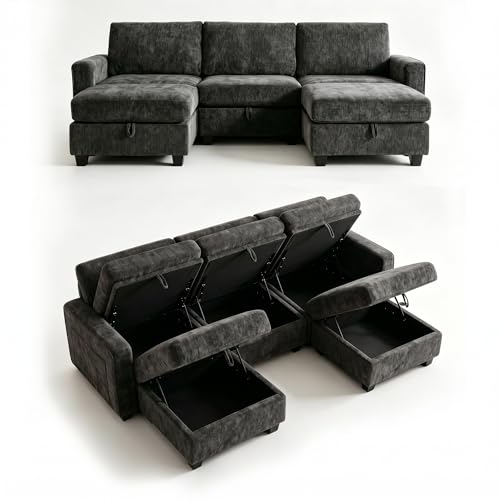 GRAVFORCE Ecksofa mit Stauraum unter jedem Sitz 251cm 3 Sitzer Modulares Sofa mit 2 Hockern Couch Wohnzimmer mit Ablagefächern U-Form Sofa für Wohnung Büro Chenille Dunkelgrau GRAVFORCE Ecksofa mit Stauraum unter jedem Sitz 251cm 3 Sitzer Modulares Sofa mit 2 Hockern Couch Wohnzimmer mit Ablagefächern U-Form Sofa für Wohnung Büro Chenille Dunkelgrau